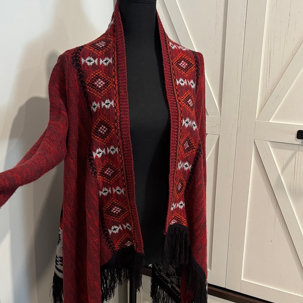 Boho Maurices Burgundy and Black Fringe Cardigan - Picture 2 of 12